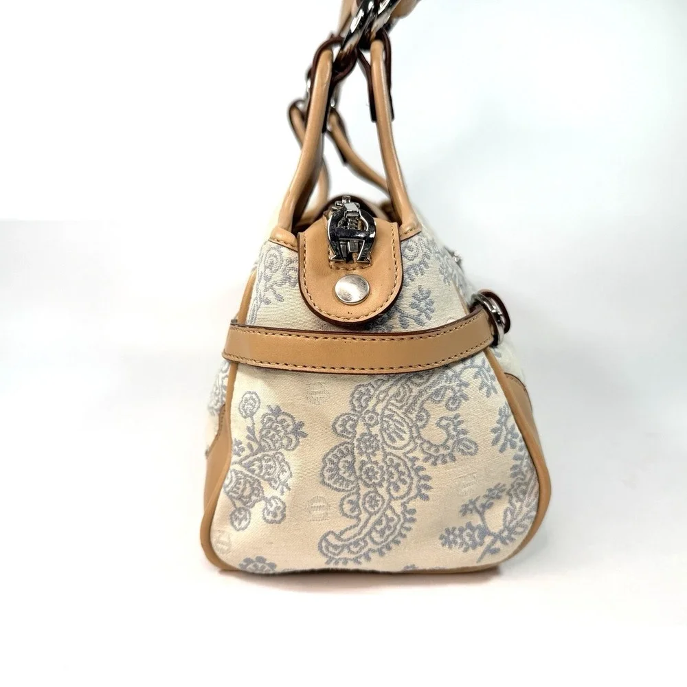 Etienne Aigner Paisley Canvas Leather Shoulder Bag Satchel‎ Tan Cream
